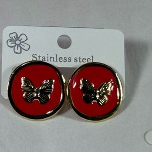 Stainless Steel Red Butterfly Stud Earrings